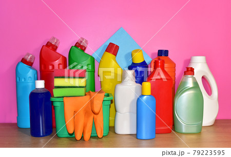 Detergent bottles, sponge for washing and detergent spray cleaner. Household  79223595