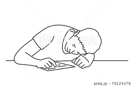 Bored man, tired and exhausted student sits with his head on the table. 79224379
