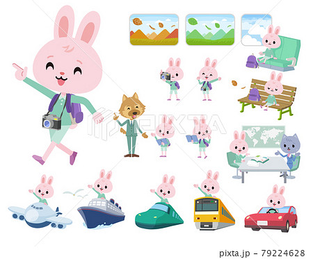 旅行に関するうさぎの男の子のセットのイラスト素材