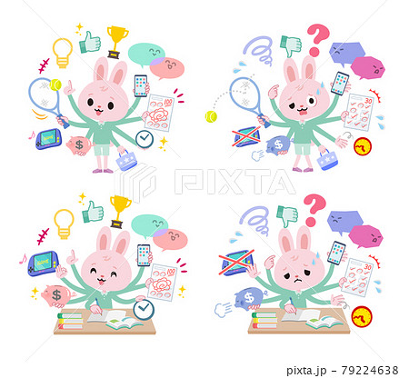 マルチタスクをこなすうさぎの男の子のセットのイラスト素材