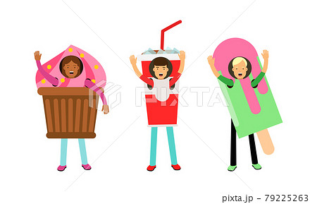 People Character Wearing Food Costumes Standing and Waving Hand Vector Illustration Set 79225263