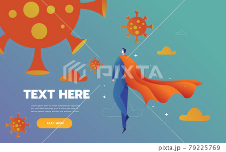 Covid-19 doctor superheroes are fighting corona virus pandemic monster to protect a patient.Doctor in PPE suit fighting with COVID monster. 79225769