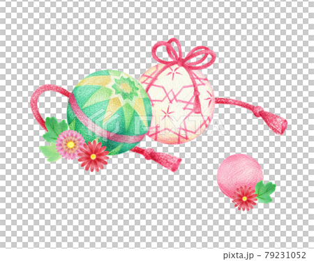手毬と花と紐の和風イラスト　手描き色鉛筆画 79231052
