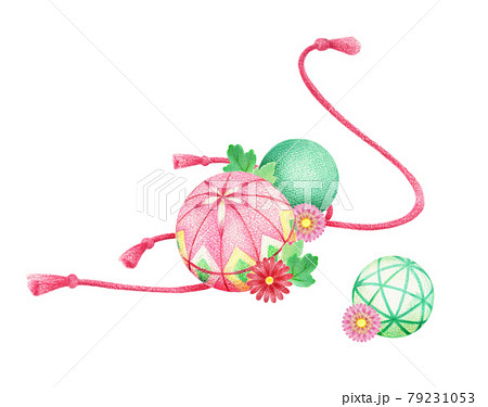 手毬と花と紐の和風イラスト ピンク 手描き色鉛筆画のイラスト素材