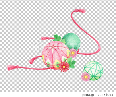 手毬と花と紐の和風イラスト ピンク 手描き色鉛筆画 手毬と花と紐の和風イラスト ピンク 手描き色鉛筆画 79231053