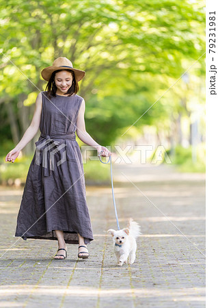 小型犬と一緒に散歩する若い女性　柏の葉公園 79231981