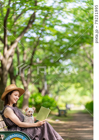 小型犬と一緒にベンチに座り読書　若い女性　柏の葉公園 79231995