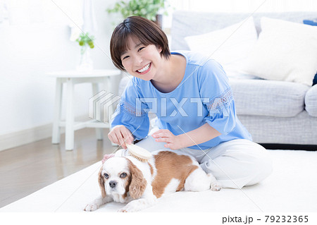 愛犬のブラッシングをする若い女性 愛犬のブラッシングをする若い女性 79232365