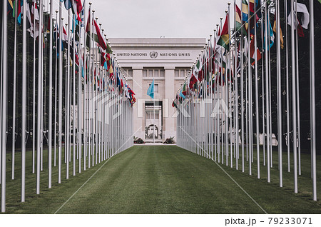 National flags at the entrance in UN office at Geneva, Switzerland National flags at the entrance in UN office at Geneva, Switzerland 79233071