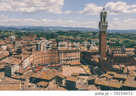 Panoramic view of Siena city with Piazza del Campo and the Torre del Mangia Panoramic view of Siena city with Piazza del Campo and the Torre del Mangia 79234073