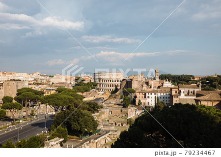 Panoramic view of city Rome with Roman forum and Colosseum from Vittoriano 79234467