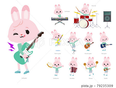 ロックンロールやポップミュージックを演奏するうさぎの女の子のセットのイラスト素材