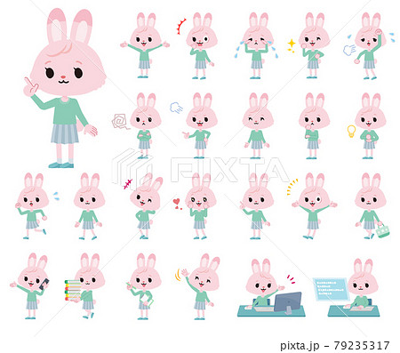様々な感情表現をするうさぎの女の子のセットのイラスト素材 様々な感情表現をするうさぎの女の子のセットのイラスト素材