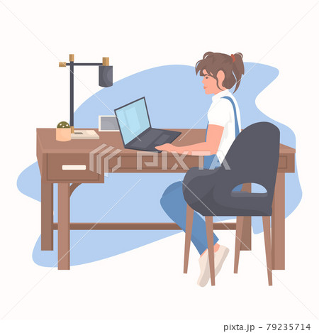 young woman freelancer sitting at workplace using laptop coronavirus quarantine freelance concept 79235714