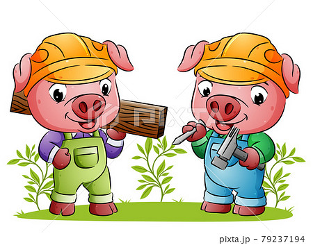 The builder pigs are holding the wooden board and the hammer 79237194