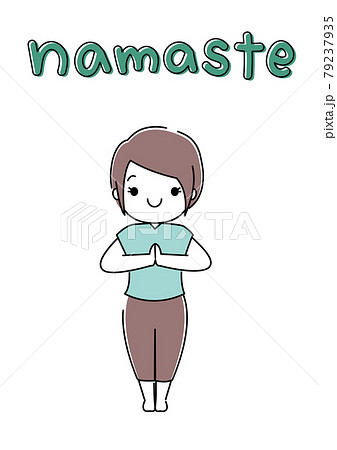 ヨガ 合掌のポーズ 挨拶する女性 Namaste文字のイラスト素材