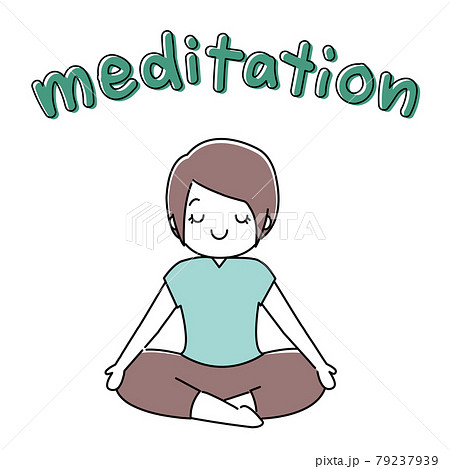 ヨガ 安楽座のポーズ 瞑想する女性 Meditation文字のイラスト素材