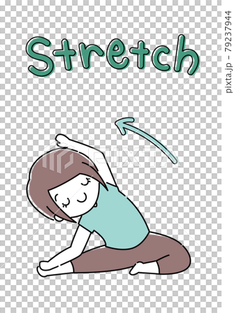 ヨガ ストレッチ 脇腹を伸ばす女性 Stretch文字のイラスト素材