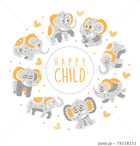 Cute Elephant Character with Trunk and Tusks Arranged in Circle Vector Template 79238151