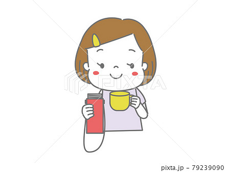 水筒からお茶を飲む 水分補給をする女の子のイラスト素材