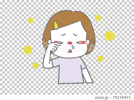 痒くて目をこすっている鼻水の垂れた女の子 79239455