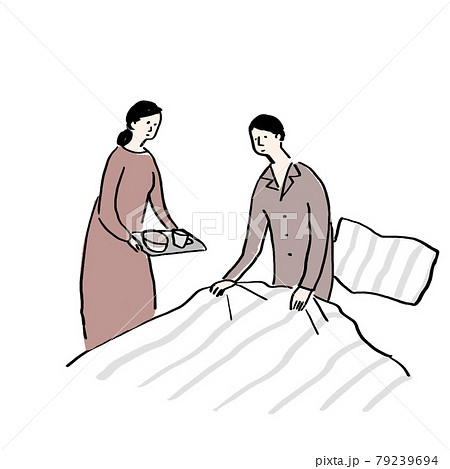 病気、風邪をひいた男性に食事を運ぶ女性(看病、介護)A 病気、風邪をひいた男性に食事を運ぶ女性(看病、介護)A 79239694