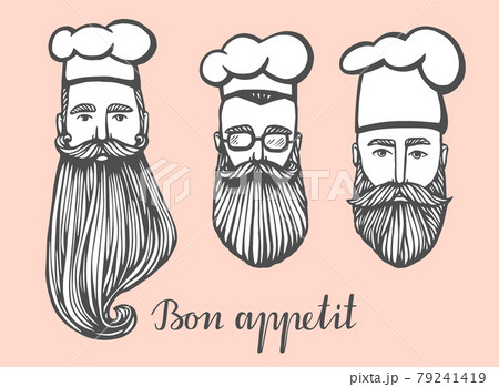 Set of Hand drawn vector illustration of hipster chief-cooker with a mustache and beard in white hat. chief-cooker logo. Set of Hand drawn vector illustration of hipster chief-cooker with a mustache and beard in white hat. chief-cooker logo. 79241419