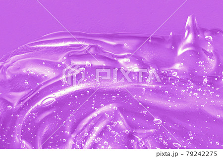 Gel serum liquid texture, cream with collagen and retinol, shampoo sample. Cosmetic for skincare. Antibacterial disinfect smear smudge. Lilac sanitizer swatch with bubbles. 79242275