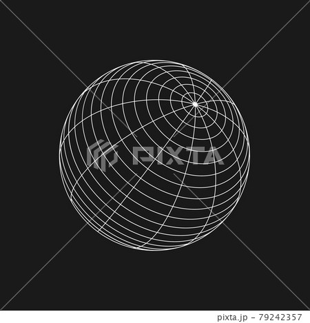 Retrofuturistic sphere shape. Cyberpunk geometry of sphere. 3D geometry for poster, cover, merch in retrowave style. Old cyberpunk concept. Vector 79242357