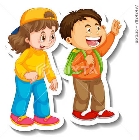 Sticker template with couple of kids students cartoon character isolated 79242497