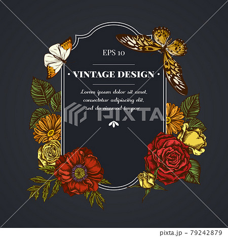 Dark badge design with poppy flower, calendula,... - Stock Illustration  [79242879] - PIXTA