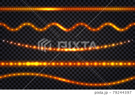 LED light garlands with neon glowing effect, with glitter and shiny sparkles Set of lines, strips and waves isolated on transparent background. Vector illustration 79244397