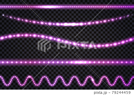 LED light garlands with neon glowing effect, with glitter and shiny sparkles Set of lines, strips and waves isolated on transparent background. Vector illustration 79244459