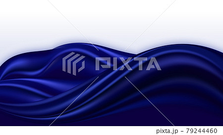 Blue silk wavy swirl background. Smooth satin texture, deep blue color flow wave. Border for poster or banner. Vector illustration 79244460