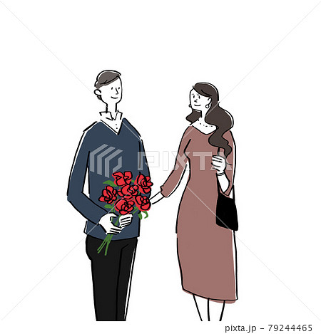 バラの花束を持った男性と女性 恋人 カップル Aのイラスト素材
