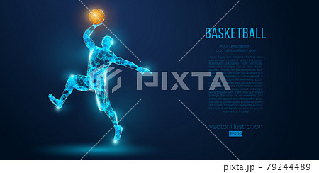Abstract basketball player from particles, lines and triangles on blue background. All elements on a separate layers, color can be changed to any other. Low poly neon wire outline geometric vector 79244489