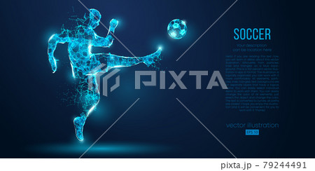 Abstract soccer player, footballer from particles on blue background. All elements on a separate layers, color can be changed to any other. Low poly neon wire outline geometric football player. Vector 79244491