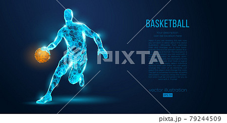 Abstract basketball player from particles, lines and triangles on blue background. All elements on a separate layers, color can be changed to any other. Low poly neon wire outline geometric vector 79244509