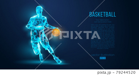 Abstract basketball player from particles, lines and triangles on blue background. All elements on a separate layers, color can be changed to any other. Low poly neon wire outline geometric vector 79244520