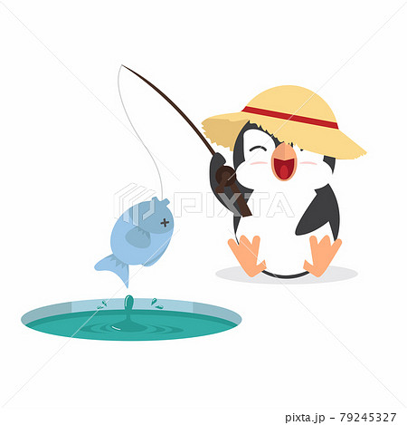 Cute fat penguin fisherman caught fish 79245327