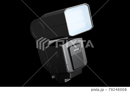 Camera external flash speedlight isolated on black background. 79246008