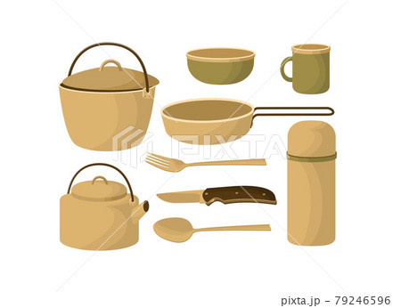 Camping dishes. The camping utensils, kettle, pot, frying pan, bowl, mug, thermos, fork, spoon, knife. Vector illustration in flat style, isolated on a white background. Camping dishes. The camping utensils, kettle, pot, frying pan, bowl, mug, thermos, fork, spoon, knife. Vector illustration in flat style, isolated on a white background. 79246596