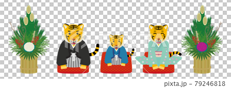 Japanese-style tiger parent and child and Kadomatsu 2022 New Year's card material Japanese-style tiger parent and child and Kadomatsu 2022 New Year's card material 79246818