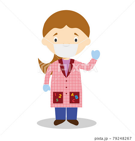 Cute cartoon vector illustration of a female teacher with surgical mask and latex gloves as protection against a health emergency 79248267