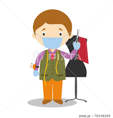 Cute cartoon vector illustration of a tailor with surgical mask and latex gloves as protection against a health emergency 79248269