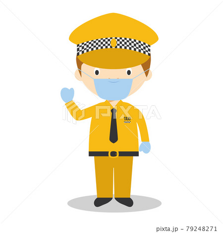 Cute cartoon vector illustration of a taxi driver with surgical mask and latex gloves as protection against a health emergency 79248271