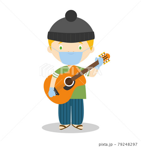 Cute cartoon vector illustration of a musician with surgical mask and latex gloves as protection against a health emergency 79248297