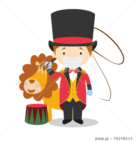 Cute cartoon vector illustration of a lion tamer with surgical mask and latex gloves as protection against a health emergency 79248315