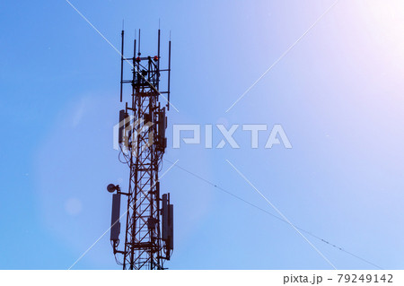 Telecommunication tower with blue and cloudy sky. Copy space 4G, 5G Telecommunication tower with blue and cloudy sky. Copy space 4G, 5G 79249142