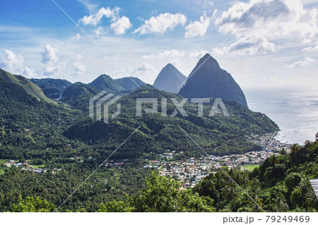 View of the Pitons in the Caribbean Sea at Soufriere, St. Lucia, Lesser Antilles View of the Pitons in the Caribbean Sea at Soufriere, St. Lucia, Lesser Antilles 79249469